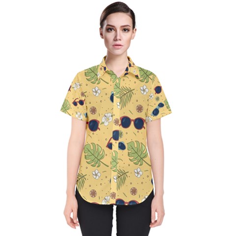 Seamless Pattern Of Sunglasses Tropical Leaves And Flower Women s Short Sleeve Shirt by Grandong