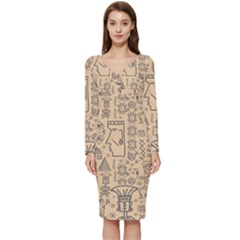 Aztec Tribal African Egyptian Style Seamless Pattern Vector Antique Ethnic Long Sleeve V-neck Bodycon Dress  by Grandong