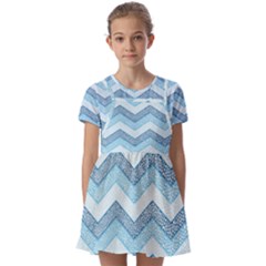 Seamless Pattern Of Cute Summer Blue Line Zigzag Kids  Short Sleeve Pinafore Style Dress by Grandong