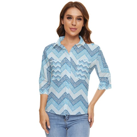 Seamless Pattern Of Cute Summer Blue Line Zigzag Women s Quarter Sleeve Pocket Shirt by Grandong