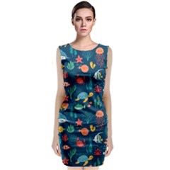 Variety Of Fish Illustration Turtle Jellyfish Art Texture Sleeveless Velvet Midi Dress by Grandong