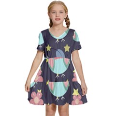 Owl-stars-pattern-background Kids  Short Sleeve Tiered Mini Dress by pakminggu