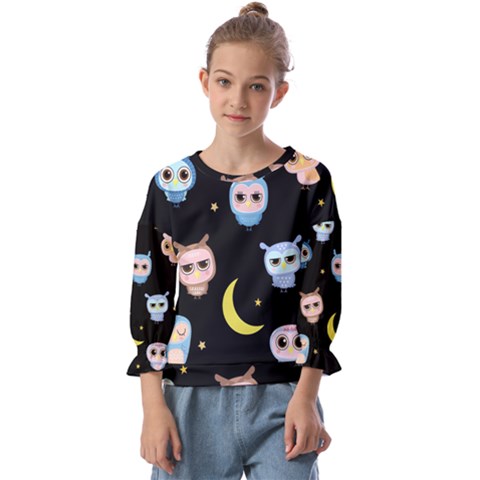 Cute-owl-doodles-with-moon-star-seamless-pattern Kids  Cuff Sleeve Top by pakminggu