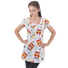 Seamless-pattern-vector-owl-cartoon-with-bugs Puff Sleeve Tunic Top by pakminggu