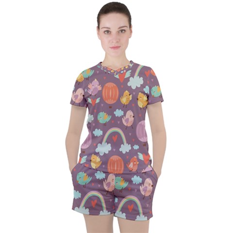 Cute-seamless-pattern-with-doodle-birds-balloons Women s Tee And Shorts Set by pakminggu