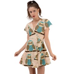 Seamless-pattern-owls-dream-cute-style-pajama-fabric Flutter Sleeve Wrap Dress by pakminggu