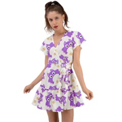 Purple-owl-pattern-background Flutter Sleeve Wrap Dress by pakminggu