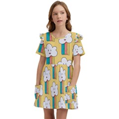 Smile-cloud-rainbow-pattern-yellow Kids  Frilly Sleeves Pocket Dress by pakminggu