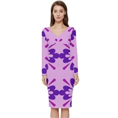 Pink And Purple Flowers Pattern Long Sleeve V-neck Bodycon Dress  by shoopshirt