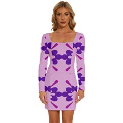 Pink And Purple Flowers Pattern Long Sleeve Square Neck Bodycon Velvet Dress by shoopshirt