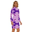 Pink And Purple Flowers Pattern Long Sleeve Shirt Collar Bodycon Dress View3