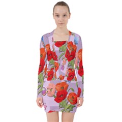 Seamless Pattern With Roses And Butterflies V-neck Bodycon Long Sleeve Dress by shoopshirt