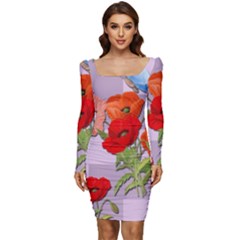 Seamless Pattern With Roses And Butterflies Women Long Sleeve Ruched Stretch Jersey Dress by shoopshirt