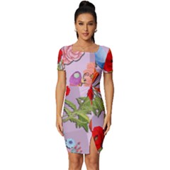 Seamless Pattern With Roses And Butterflies Fitted Knot Split End Bodycon Dress by shoopshirt