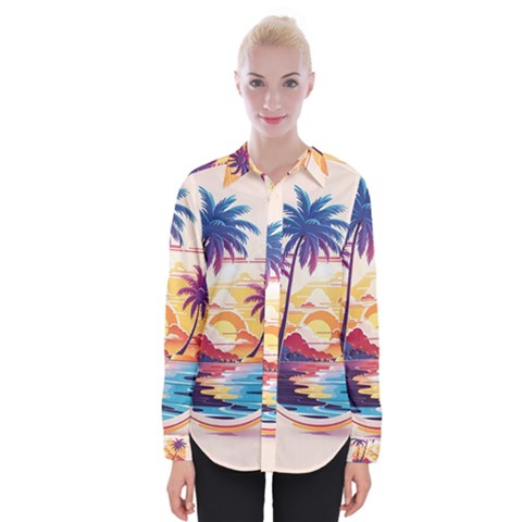 Nature Tropical Palm Trees Sunset Womens Long Sleeve Shirt by uniart180623