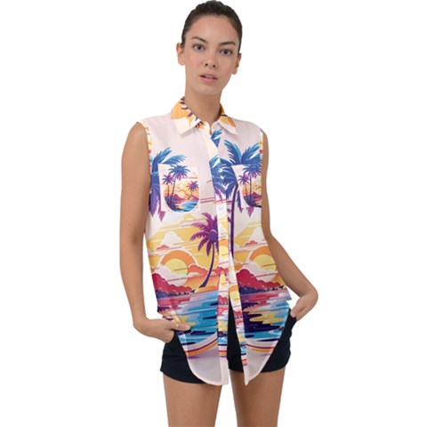 Nature Tropical Palm Trees Sunset Sleeveless Chiffon Button Shirt by uniart180623