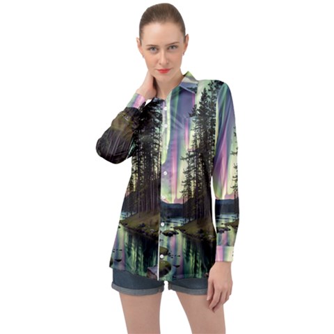 Northern Lights Aurora Borealis Long Sleeve Satin Shirt by uniart180623