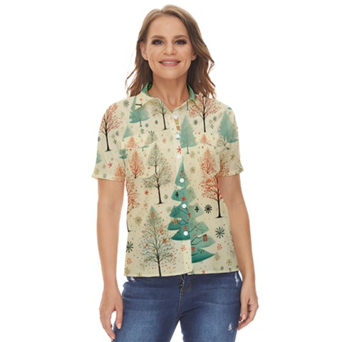 Christmas Tree Women s Short Sleeve Double Pocket Shirt by pakminggu