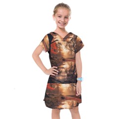 Trees Sunset Mist Kids  Drop Waist Dress by pakminggu