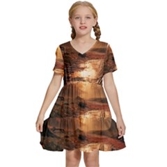 Trees Sunset Mist Kids  Short Sleeve Tiered Mini Dress by pakminggu