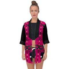 Pink  And Black Colour Design Open Front Chiffon Kimono by Trending