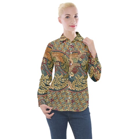 Wings-feathers-cubism-mosaic Women s Long Sleeve Pocket Shirt by Bedest