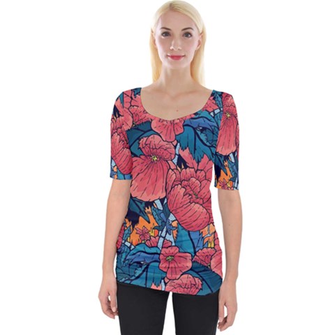 Flower Classic Japanese Art Wide Neckline T-shirt by Cowasu