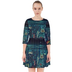 Night Black City Neon Sky Stars Moon Abstract Smock Dress by Cowasu