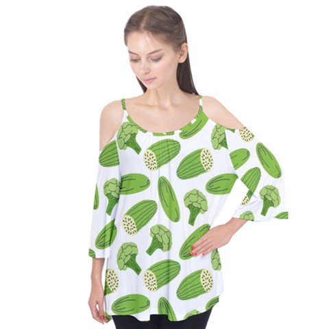 Vegetable Pattern With Composition Broccoli Flutter Sleeve T-shirt  by pakminggu