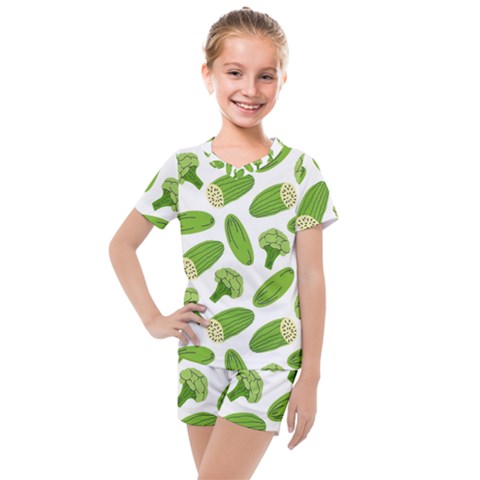 Vegetable Pattern With Composition Broccoli Kids  Mesh T-shirt And Shorts Set by pakminggu