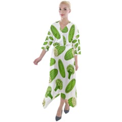 Vegetable Pattern With Composition Broccoli Quarter Sleeve Wrap Front Maxi Dress by pakminggu