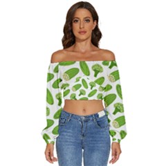 Vegetable Pattern With Composition Broccoli Long Sleeve Crinkled Weave Crop Top by pakminggu