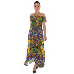 Dead Dancing Bears Grateful Dead Pattern Off Shoulder Open Front Chiffon Dress by Grandong