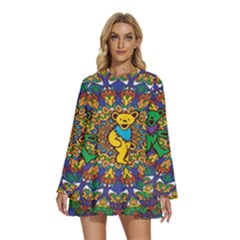 Dead Dancing Bears Grateful Dead Pattern Round Neck Long Sleeve Bohemian Style Chiffon Mini Dress by Grandong