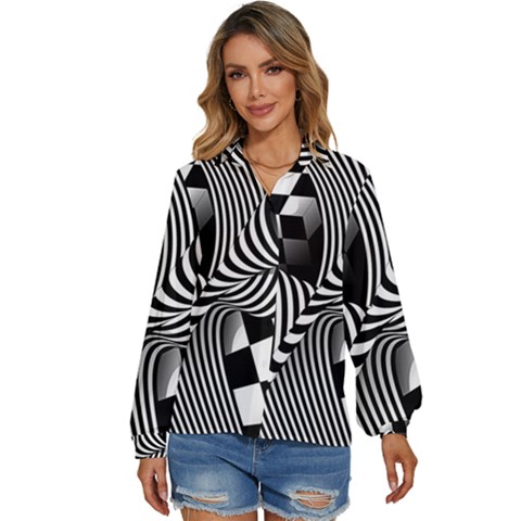 Op-art-black-white-drawing Women s Long Sleeve Button Up Shirt by Bedest