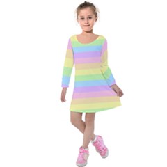 Cute Pastel Rainbow Striped Pattern Kids  Long Sleeve Velvet Dress by pakminggu