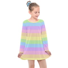 Cute Pastel Rainbow Striped Pattern Kids  Long Sleeve Dress by pakminggu