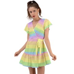 Cute Pastel Rainbow Striped Pattern Flutter Sleeve Wrap Dress by pakminggu