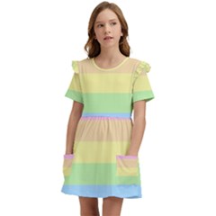 Cute Pastel Rainbow Striped Pattern Kids  Frilly Sleeves Pocket Dress by pakminggu