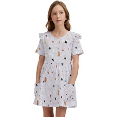 Terrazzo Natural Stone Pattern Art Kids  Frilly Sleeves Pocket Dress by pakminggu