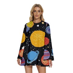 Circle Illustration Space Art Cute Pattern Round Neck Long Sleeve Bohemian Style Chiffon Mini Dress by pakminggu