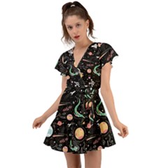 Cat And Dog Space Pattern Flutter Sleeve Wrap Dress by pakminggu