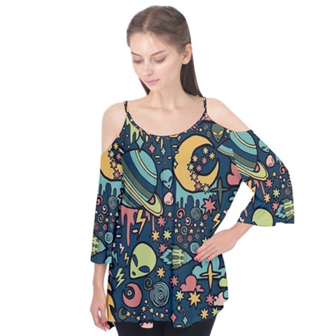 Alien Ocket Space Aesthetic Pattern Flutter Sleeve T-shirt  by pakminggu