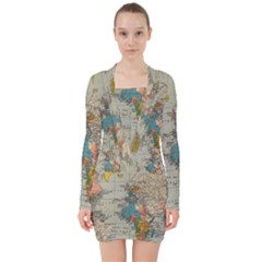 Vintage World Map V-neck Bodycon Long Sleeve Dress by Cowasu