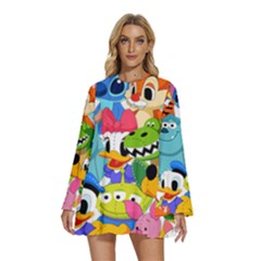 Illustration Cartoon Character Animal Cute Round Neck Long Sleeve Bohemian Style Chiffon Mini Dress by Cowasu