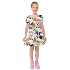 Corgis Hula Pattern Kids  Short Sleeve Velvet Dress by Cowasu