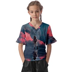 Astronaut-moon-space-nasa-planet Kids  V-neck Horn Sleeve Blouse by Cowasu