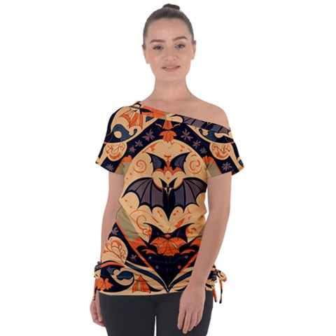 Bat Pattern Off Shoulder Tie-up T-shirt by Valentinaart