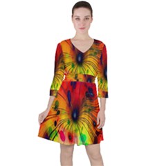 Color-background-structure-lines Quarter Sleeve Ruffle Waist Dress by Cowasu