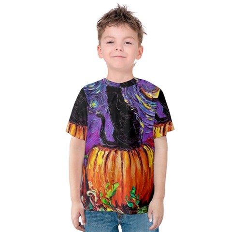 Halloween Art Starry Night Hallows Eve Black Cat Pumpkin Kids  Cotton T-shirt by Sarkoni